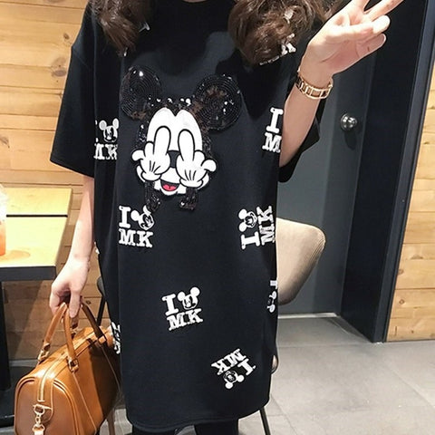 2019 New Runway Summer T shirt short sleeve dress casual mickey cartoon mouse print women femme tops oversize dresses vestidos