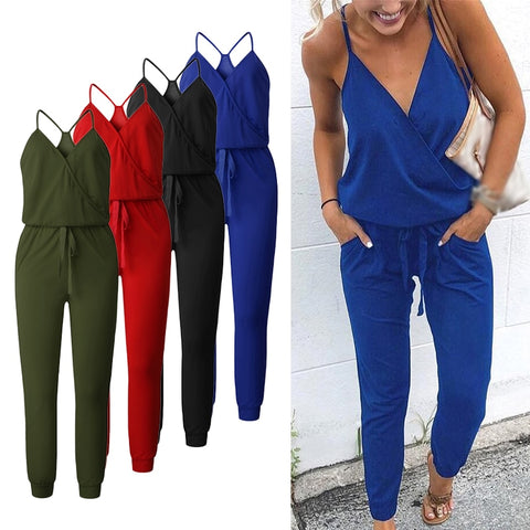 Women jumpsuit Sexy Straps V Neck Sleeveless Summer Jumpsuits Pockets Loose Elastic Casual Palysuit Female 2019