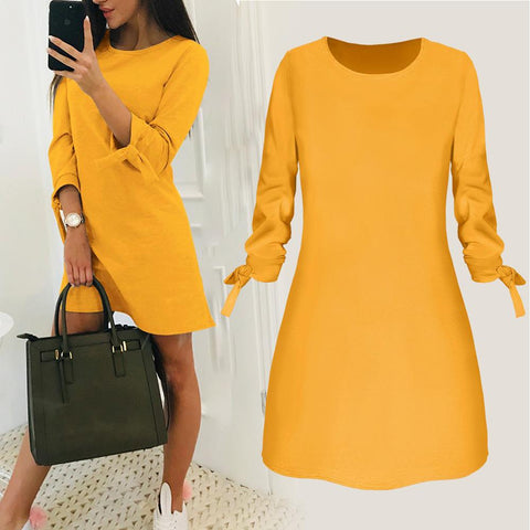 Yfashion Summer Fashion Women Dresses Solid Color Yellow Red Dress Lacing Sleeve Fashion Summer Dresses Mini Office Dress