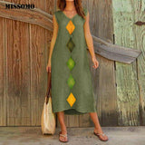 MISSOMO Vintage Women Summer dress V Neck Cotton Linen Printed Casual Long Maxi Dress Beach Sleeveless Robe Femme vestidos 611