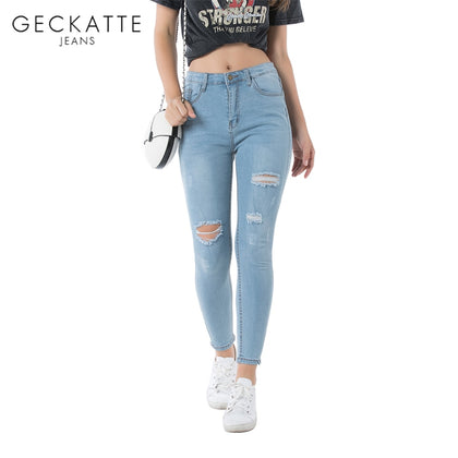 GECKATTE High Waisted Skinny Jeans Female Elastic Denim Plus Size Boyfriend Jeans Woman Mom Ripped Jeans Pencil Pants Mujer