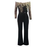 Women's Jumpsuit Ladies Casual Lace Belt Long Sleeve Off Shoulder Lace Up Jumpsuit Female Patchwork Wide Leg Romper Autumn