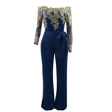 Women's Jumpsuit Ladies Casual Lace Belt Long Sleeve Off Shoulder Lace Up Jumpsuit Female Patchwork Wide Leg Romper Autumn