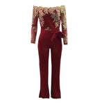 Women's Jumpsuit Ladies Casual Lace Belt Long Sleeve Off Shoulder Lace Up Jumpsuit Female Patchwork Wide Leg Romper Autumn