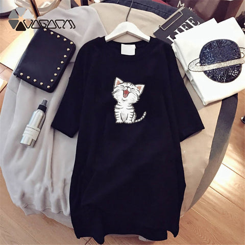 2019 Summer Women Dresses Cartoon Print Funny Cat Casual Loose White Mini Women Clothes Plus Size Dress Cute Cool Fashion