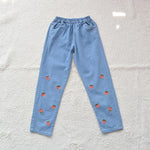 Spring new Japanese soft sister cute strawberry embroidery loose jeans