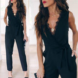 2019 Women Solid Lace Jumpsuit Female Pocket V Neck Sleeveless Belted Fashion Long Legging Rompers Ladies Black Casual Jumpsuits