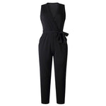 2019 Women Solid Lace Jumpsuit Female Pocket V Neck Sleeveless Belted Fashion Long Legging Rompers Ladies Black Casual Jumpsuits