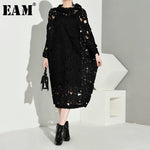 [EAM] Women Black Lace Hollow Out Big Size Dress New Round Neck Long Sleeve Loose Fit Fashion Tide Spring Autumn 2019 Q09101