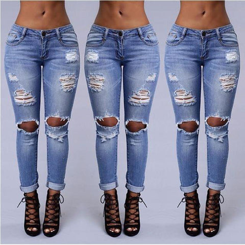 Women Denim Skinny Pants High Waist Hole Stretch Trousers Pencil Jeans Comfy Pants European And American Wish