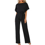 Elegant O Neck Casual Jumpsuits 2019 Summer Red 3XL Plus Size Loose Women Bandage Long Overalls High Waist Straight Office Wears