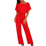 Elegant O Neck Casual Jumpsuits 2019 Summer Red 3XL Plus Size Loose Women Bandage Long Overalls High Waist Straight Office Wears