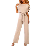 Elegant O Neck Casual Jumpsuits 2019 Summer Red 3XL Plus Size Loose Women Bandage Long Overalls High Waist Straight Office Wears