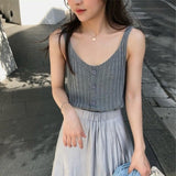 Womens Sexy Knitted Top Buttons U-Neck Sleeveless Short Tank Vest Solid Top Vest Strap Short Tops Casual T Shirt