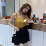 Womens Sexy Knitted Top Buttons U-Neck Sleeveless Short Tank Vest Solid Top Vest Strap Short Tops Casual T Shirt