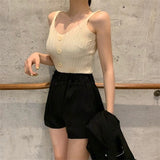 Womens Sexy Knitted Top Buttons U-Neck Sleeveless Short Tank Vest Solid Top Vest Strap Short Tops Casual T Shirt