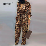 Women Autumn sexy Deep V Neck Long Sleeves Overalls Letter Leopard Print  Jumpsuit Elegant Camouflage Print one piece Rompers