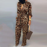 Women Autumn sexy Deep V Neck Long Sleeves Overalls Letter Leopard Print  Jumpsuit Elegant Camouflage Print one piece Rompers