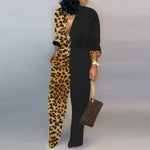 Women Autumn sexy Deep V Neck Long Sleeves Overalls Letter Leopard Print  Jumpsuit Elegant Camouflage Print one piece Rompers