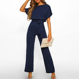 Elegant O Neck Casual Jumpsuits 2019 Summer Red 3XL Plus Size Loose Women Bandage Long Overalls High Waist Straight Office Wears