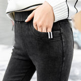 Chic Womens Winter Jeans High Waist Skinny Pants Fleece Lined Elastic Waist Jeggings Casual Plus Size Jeans For Women Warm Jeans