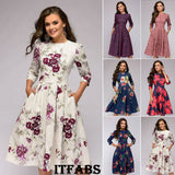 Autumn and winter ladies retro long-sleeved dress floral print slim dress prom party evening multicolor elegant print dress