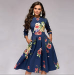 Autumn and winter ladies retro long-sleeved dress floral print slim dress prom party evening multicolor elegant print dress