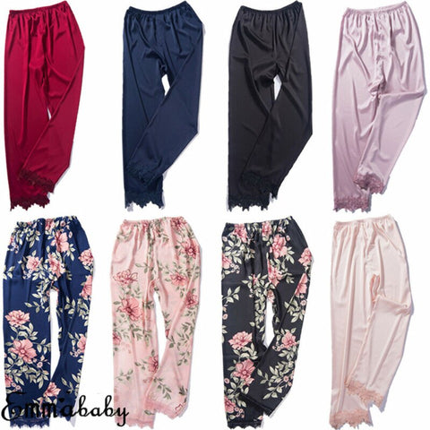 2019 Women Silk Satin Sleep Bottoms Comfort Soft Pajamas Pants Floral Printed Elastic Long Pants Sleepwear Homewear 9 Styles