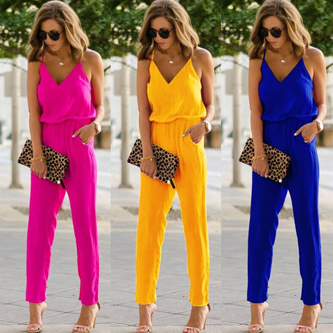 Womens Casual Solid spaghetti strap Bodycon Romper Jumpsuit Club Bodysuit Long Pants