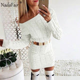 Nadafair Knitted Long Sleeve Warm Women Sweater Dress White Pink Black Vestidos Christmas Bodycon Mini Autumn Winter Dress Woman