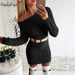 Nadafair Knitted Long Sleeve Warm Women Sweater Dress White Pink Black Vestidos Christmas Bodycon Mini Autumn Winter Dress Woman