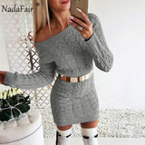 Nadafair Knitted Long Sleeve Warm Women Sweater Dress White Pink Black Vestidos Christmas Bodycon Mini Autumn Winter Dress Woman