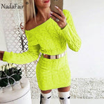 Nadafair Knitted Long Sleeve Warm Women Sweater Dress White Pink Black Vestidos Christmas Bodycon Mini Autumn Winter Dress Woman