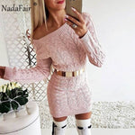 Nadafair Knitted Long Sleeve Warm Women Sweater Dress White Pink Black Vestidos Christmas Bodycon Mini Autumn Winter Dress Woman