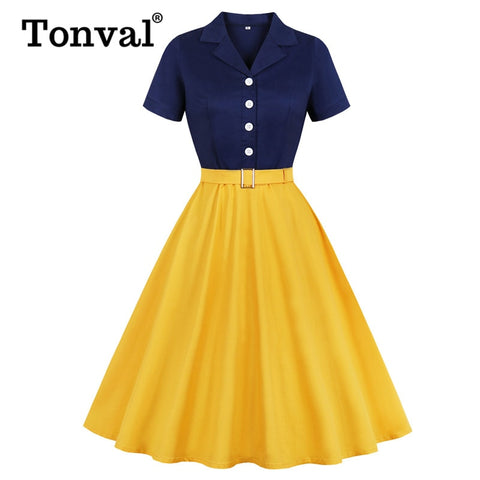 Tonval Navy Blue and Yellow Two Tone Button Up Cotton Elegant Dress Women Belted Rockabilly Vintage Plus Size Midi Dresses