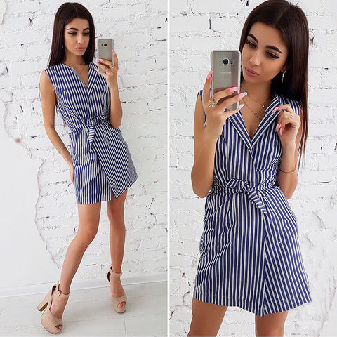 2019 Summer New Ladies Stripe Print Dresses Casual V-Neck Sleeveless Loose Dress Office Wear Women's Clothing Female Vestidos