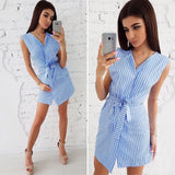 2019 Summer New Ladies Stripe Print Dresses Casual V-Neck Sleeveless Loose Dress Office Wear Women's Clothing Female Vestidos