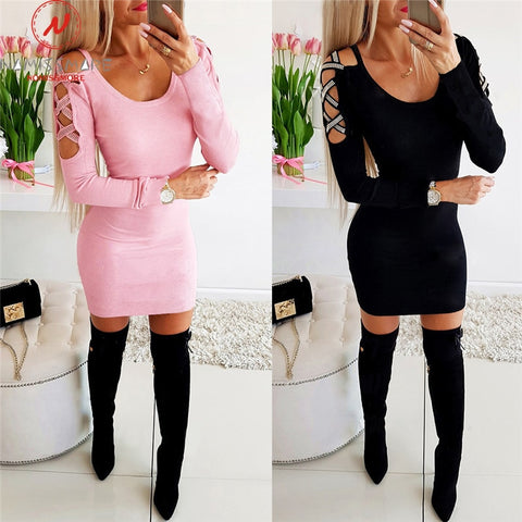 Elegant Women Mini Dress Patchwork Hollow Out Design V-Neck Long Sleeve Solid Color Slim Hips Autumn Winter Dress for Streetwear