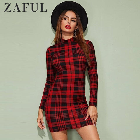 ZAFUL Winter Dress Women Vintage Plaid Houndstooth Bodycon Sexy Mini Dress 2019 Cocktail Mock Neck Sheath Party Christmas Dress