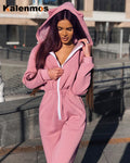 Tracksuit Loose Hooded Cat Ear Pink Suit Zip Pocket Long Sweatshirt Slim Casual Cute Solid Plus Size Rompers Sexy Jumpsuit Women