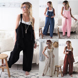 2019 Fashion Women Casual BIB Pants Cotton Linen Jumpsuit Strap Trouser Overall Solid Color Long Trouser With Pockets Harem Pant