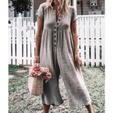 Solid Loose Jumpsuits Women Casual Cotton Linen Overall Female Romper Button V Neck Wide Leg Long Trousers Pants