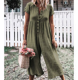 Solid Loose Jumpsuits Women Casual Cotton Linen Overall Female Romper Button V Neck Wide Leg Long Trousers Pants