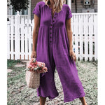 Solid Loose Jumpsuits Women Casual Cotton Linen Overall Female Romper Button V Neck Wide Leg Long Trousers Pants