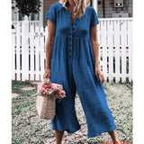 Solid Loose Jumpsuits Women Casual Cotton Linen Overall Female Romper Button V Neck Wide Leg Long Trousers Pants