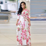 Elegant V Neck Women Robe Dress Female Loose Maxi Dress Vestidos Large Size 5XL Half Sleeve Floral Print Long Dress