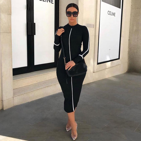 2019spring new black white High street dresses women's Elegant bodycon midi dresses mujer offic ladies fashion casual Slim dress