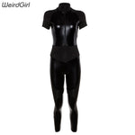 Weirdgirl Women jumpsuit Elegant Fitness Skinny Patchwork Female elastic short Sleeve Full Fength Polyester Bodycon Zipper new