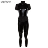 Weirdgirl Women jumpsuit Elegant Fitness Skinny Patchwork Female elastic short Sleeve Full Fength Polyester Bodycon Zipper new